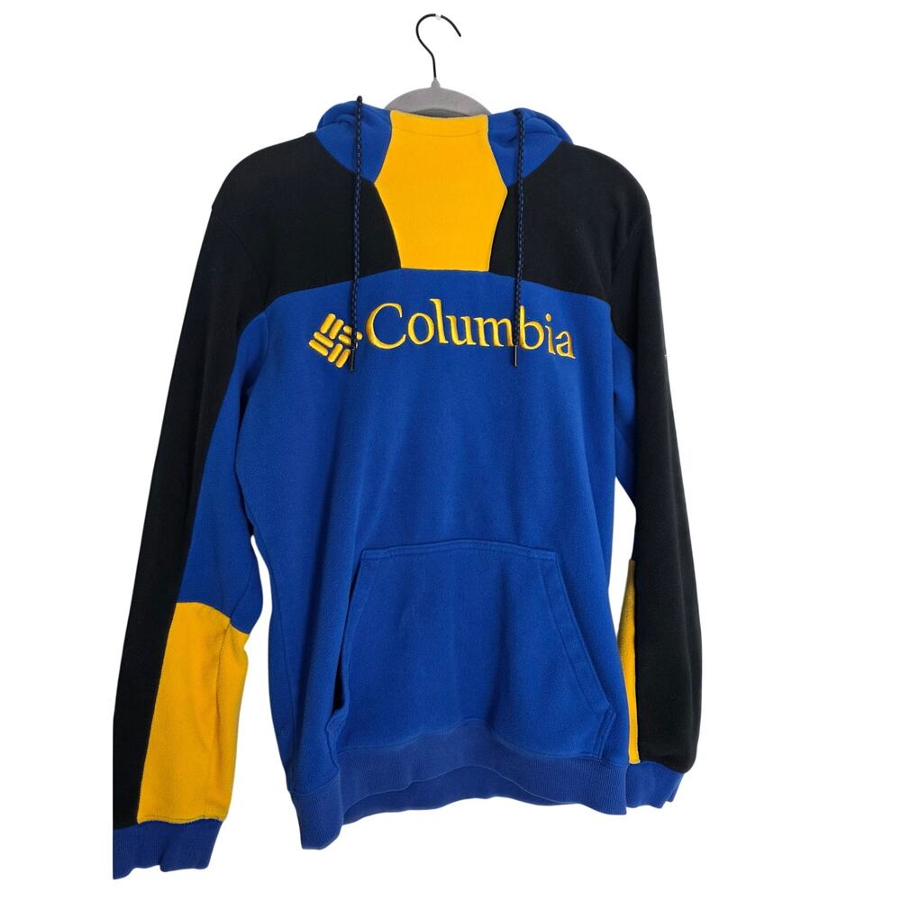 Columbia Colorblock Hoodie Mens Small Blue Fleece Pullover Big Logo Streetwear